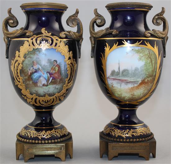 A pair of Sevres style ormolu mounted cobalt vases, late 19th century, 18.5cm